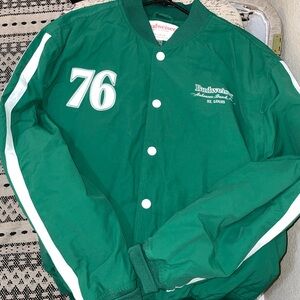 Budweiser Green Varsity-Style Bomber Jacket with White Accents